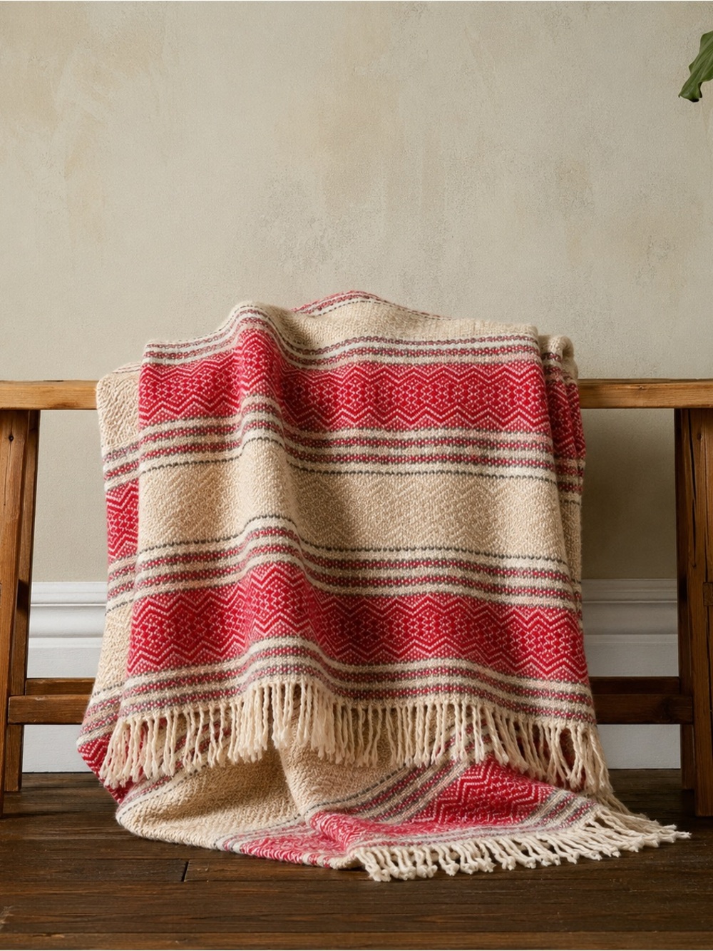 Faribo Pure Wool Throw Blanket Red Cream Geometric Fringe USA